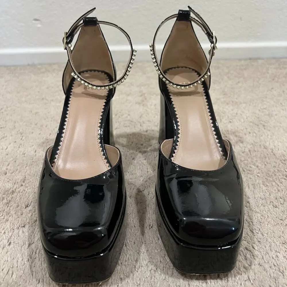 Maje Patent Leather Platform Black Heels size 38 Rhinestone Ankle Y2K Retro